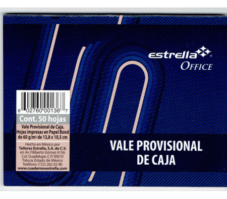 BLOCK DE NOTAS DE VALE PROVICONAL DE CAJA ESTRELLA CON 50 HJS
